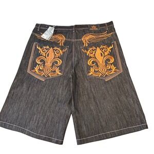 Y2k Old Skool denim Baggy Jean  Shorts men's 48 Embroidered pockets Fleur De Lis